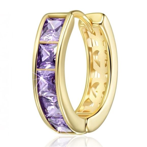 14K Yellow Gold with Purple Amethyst Cubic Zirconia Princess Cut Huggie Earrings - Picture 2 of 5